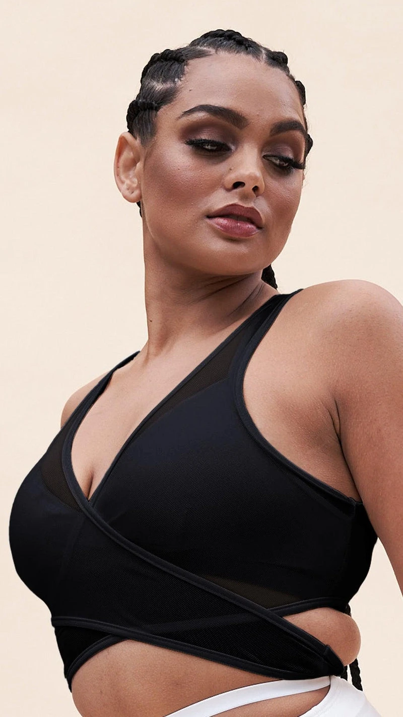 Lunalae Fiona Crossover Wrap Top - Black Mesh - Image 4